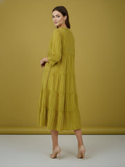 Aaronee Olive Striped Pure Cotton Tiered Midi Dress for Women