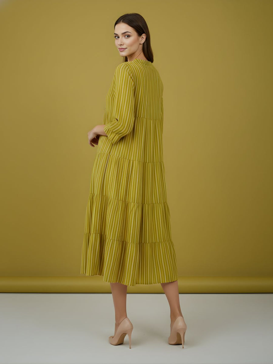 Aaronee Olive Striped Pure Cotton Tiered Midi Dress for Women