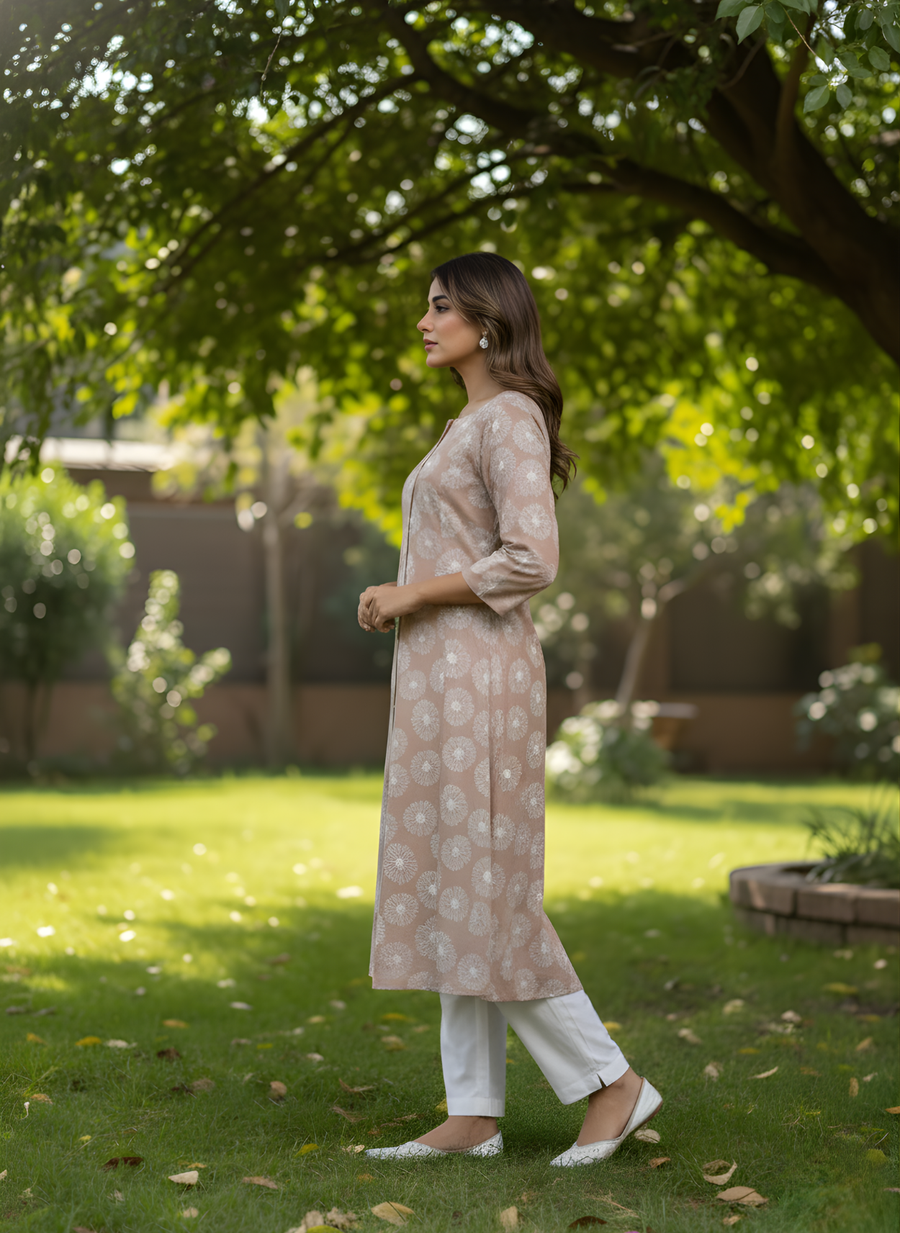Elegant Peach Floral Printed Cotton Kurta for Women – Pure Cotton Comfort by Aaronee
