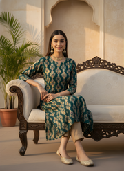 Aaronee Teal Green Pure Modal Chanderi Ethnic Printed Long Kurti for Women | Elegant Festive & Office Wear