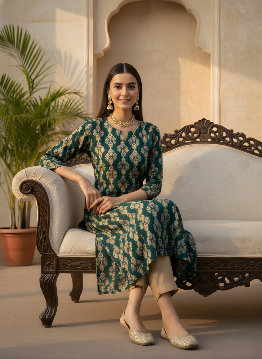Aaronee Teal Green Pure Modal Chanderi Ethnic Printed Long Kurti for Women | Elegant Festive & Office Wear