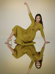 Aaronee Olive Striped Pure Cotton Tiered Midi Dress for Women