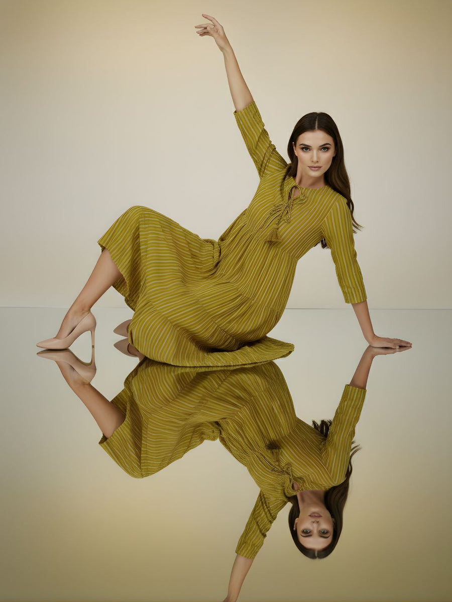 Aaronee Olive Striped Pure Cotton Tiered Midi Dress for Women