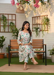 Green Flower Print Kurta Set for Women