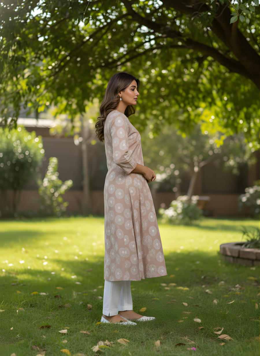 Elegant Peach Floral Printed Cotton Kurta for Women – Pure Cotton Comfort by Aaronee