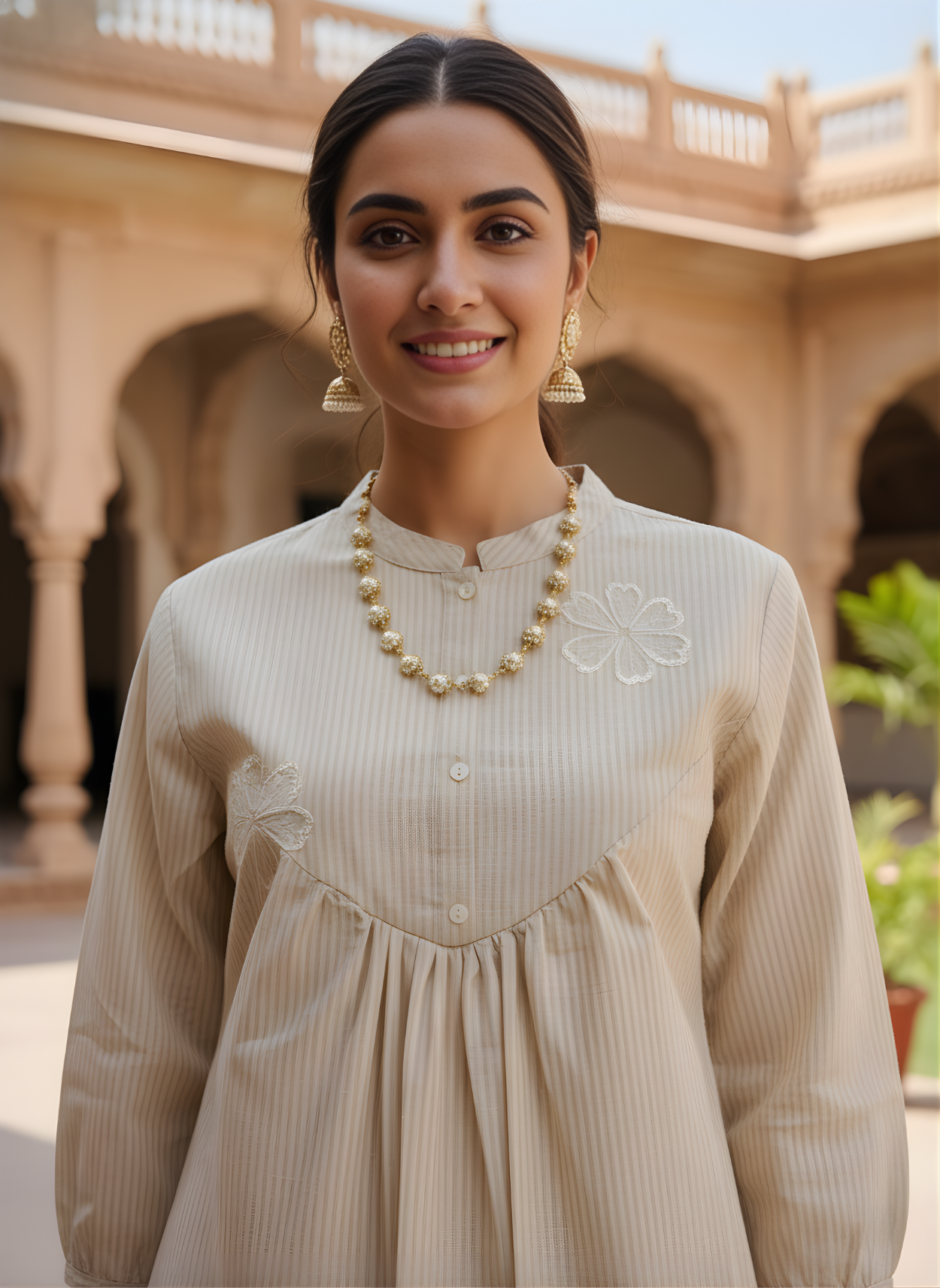 Aaronee Beige Pure Cotton Embroidered Kurti for Women | Elegant Minimal Daily & Office Wear