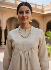 Aaronee Beige Pure Cotton Embroidered Kurti for Women | Elegant Minimal Daily & Office Wear