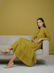 Aaronee Olive Striped Pure Cotton Tiered Midi Dress for Women