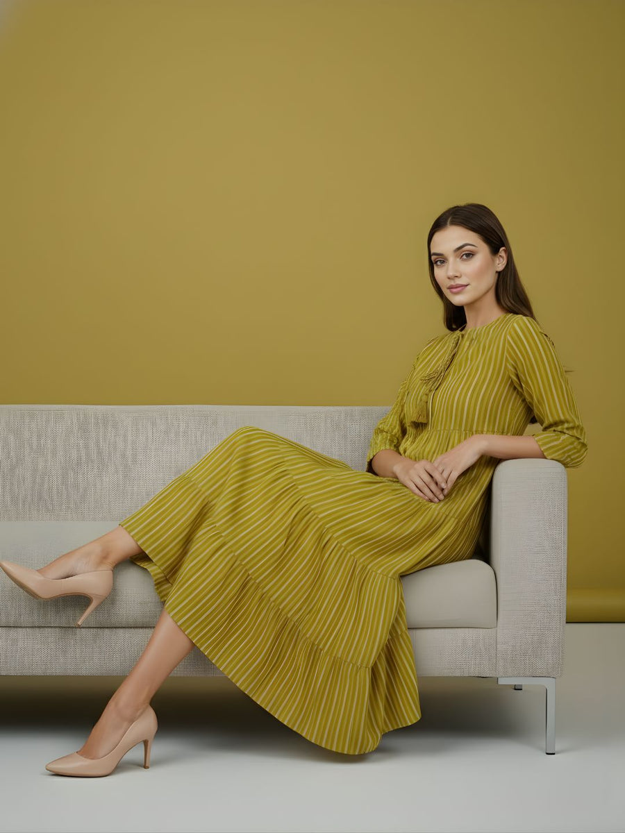 Aaronee Olive Striped Pure Cotton Tiered Midi Dress for Women