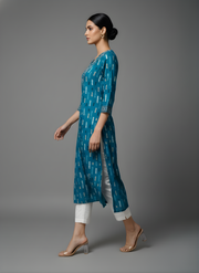Aaronee Pure Cotton Teal Printed Kurta Front View