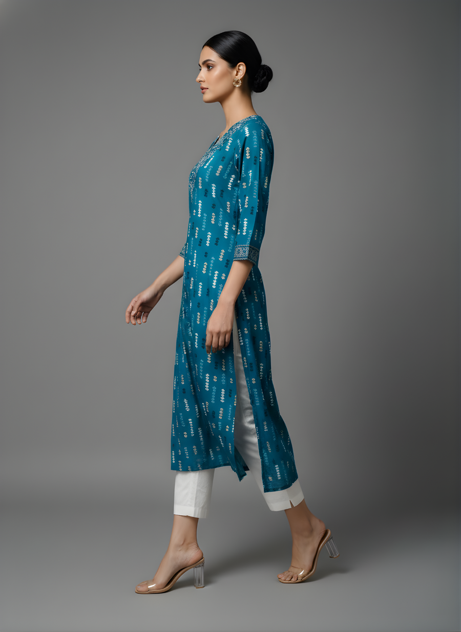 Aaronee Pure Cotton Teal Printed Kurta Front View