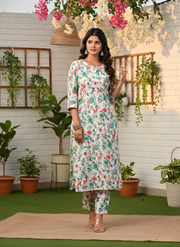 Green Flower Print Kurta Set for Women