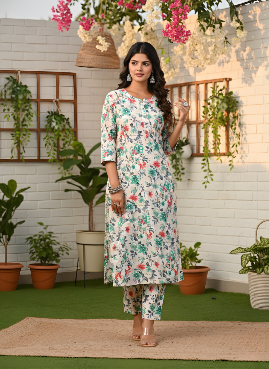 Green Flower Print Kurta Set for Women