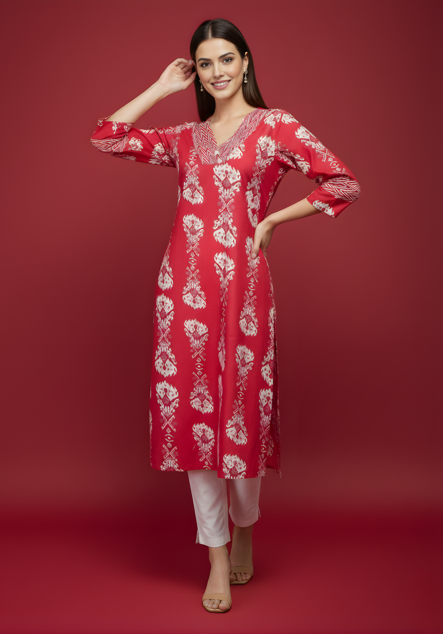 Red Pure Cotton Printed Kurti for Women | Elegant Everyday Ethnic Wear – Aaronee