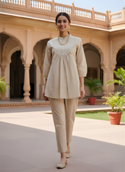 Aaronee Beige Pure Cotton Embroidered Kurti for Women | Elegant Minimal Daily & Office Wear