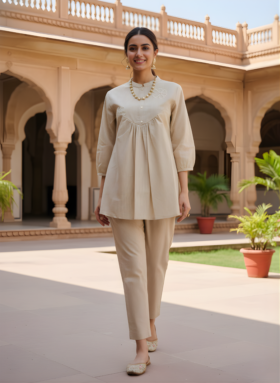 Aaronee Beige Pure Cotton Embroidered Kurti for Women | Elegant Minimal Daily & Office Wear