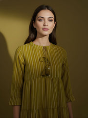 Aaronee Olive Striped Pure Cotton Tiered Midi Dress for Women