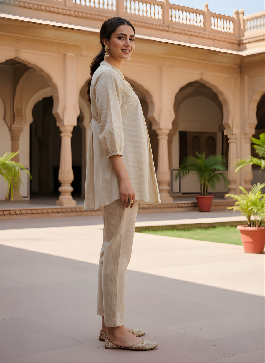 Aaronee Beige Pure Cotton Embroidered Kurti for Women | Elegant Minimal Daily & Office Wear