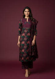 Aaronee wine plum pure cotton kurta dupatta set front view