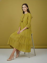 Aaronee Olive Striped Pure Cotton Tiered Midi Dress for Women