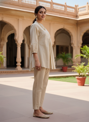 Aaronee Beige Pure Cotton Embroidered Kurti for Women | Elegant Minimal Daily & Office Wear