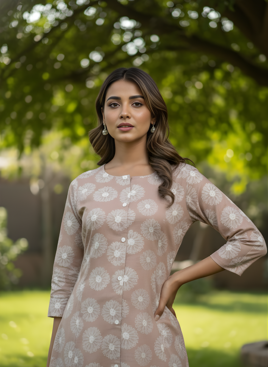 Elegant Peach Floral Printed Cotton Kurta for Women – Pure Cotton Comfort by Aaronee