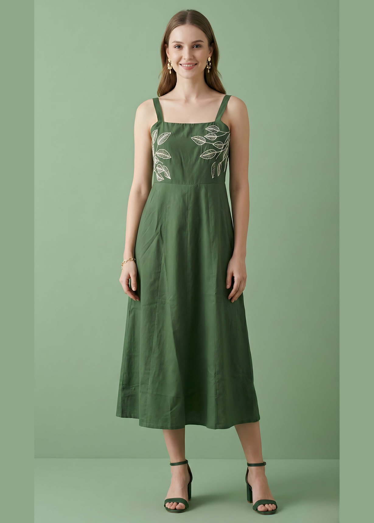 Aaronee forest green embroidered midi dress