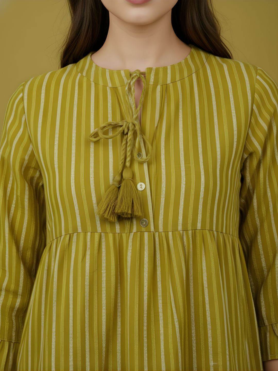 Aaronee Olive Striped Pure Cotton Tiered Midi Dress for Women