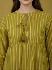 Aaronee Olive Striped Pure Cotton Tiered Midi Dress for Women
