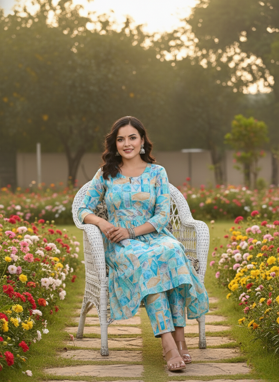 Abstract Print Kurti Set for Women