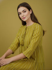 Aaronee Olive Striped Pure Cotton Tiered Midi Dress for Women