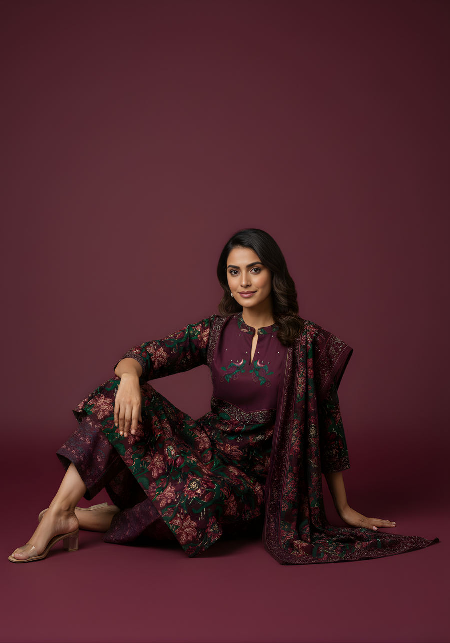 Aaronee wine plum festive cotton suit set