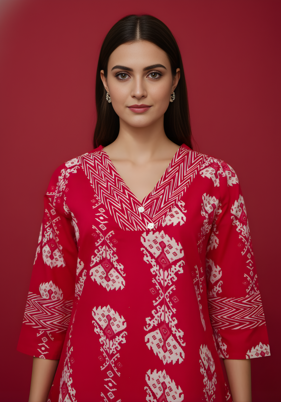 Red Pure Cotton Printed Kurti for Women | Elegant Everyday Ethnic Wear – Aaronee