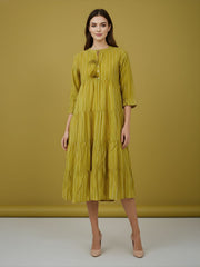 Aaronee Olive Striped Pure Cotton Tiered Midi Dress for Women