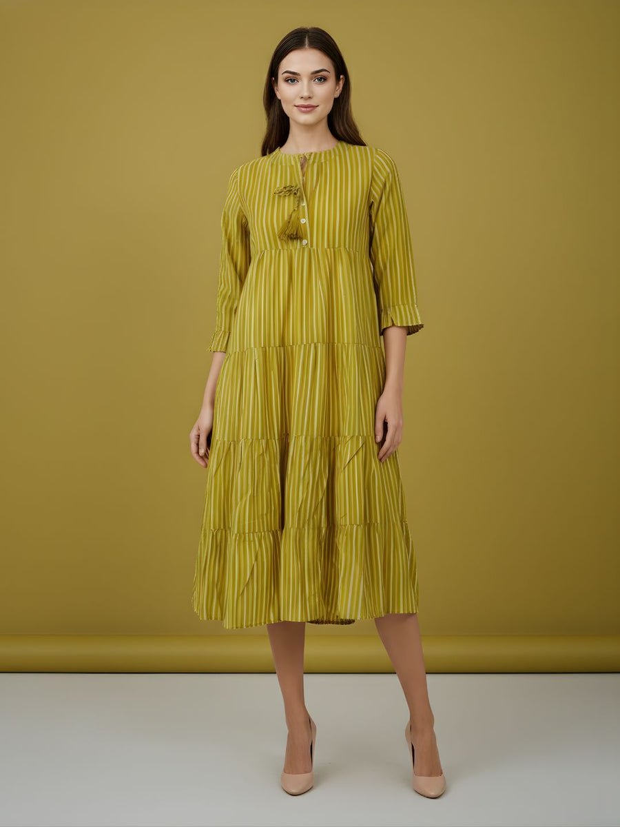 Aaronee Olive Striped Pure Cotton Tiered Midi Dress for Women