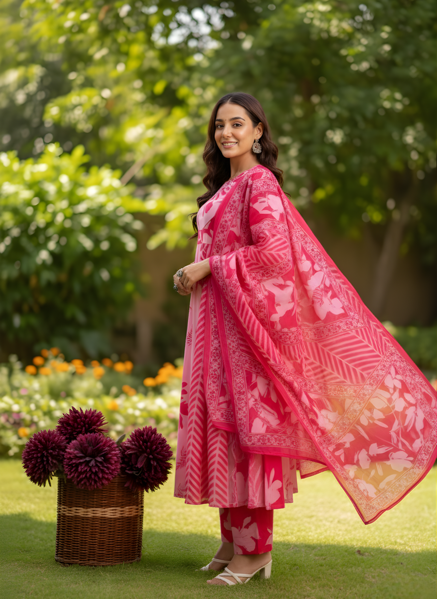 Aaronee Pure Cotton Anarkali Dupatta Set – Elegant Ethnic Flared Suit for Women