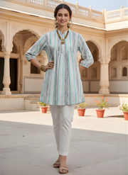 Aaronee White & Mint Striped Pure Cotton Short Kurti Top
