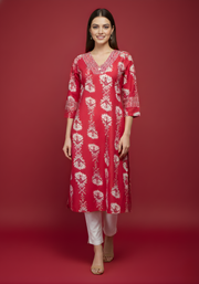 Red Pure Cotton Printed Kurti for Women | Elegant Everyday Ethnic Wear – Aaronee