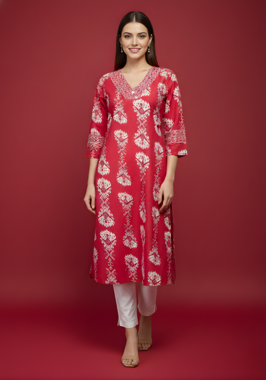 Red Pure Cotton Printed Kurti for Women | Elegant Everyday Ethnic Wear – Aaronee