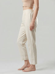 Cotton Beige Lace Detail Straight Pants for Women - AARONEE