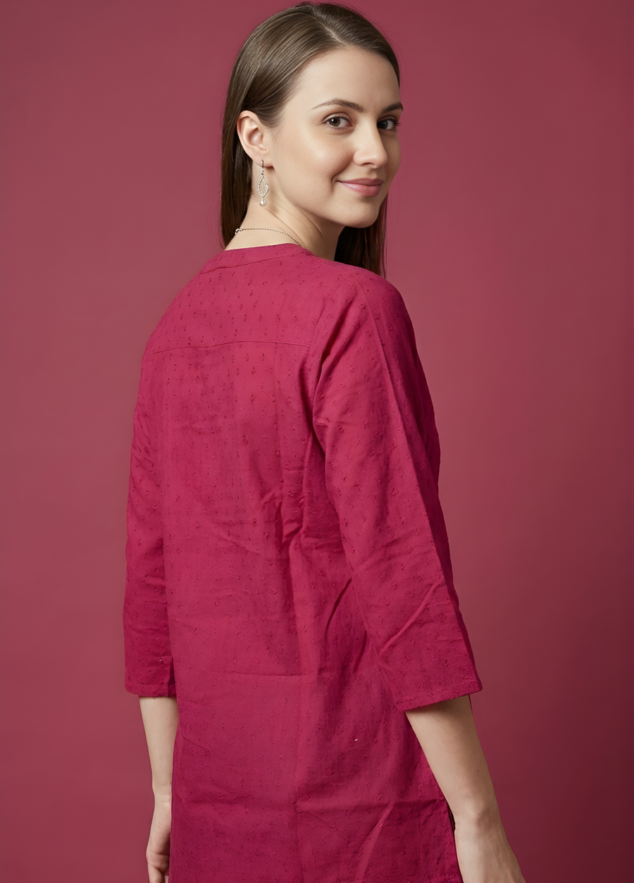 Aaronee Maroon Pure Cotton Embossed Panel Top for Women