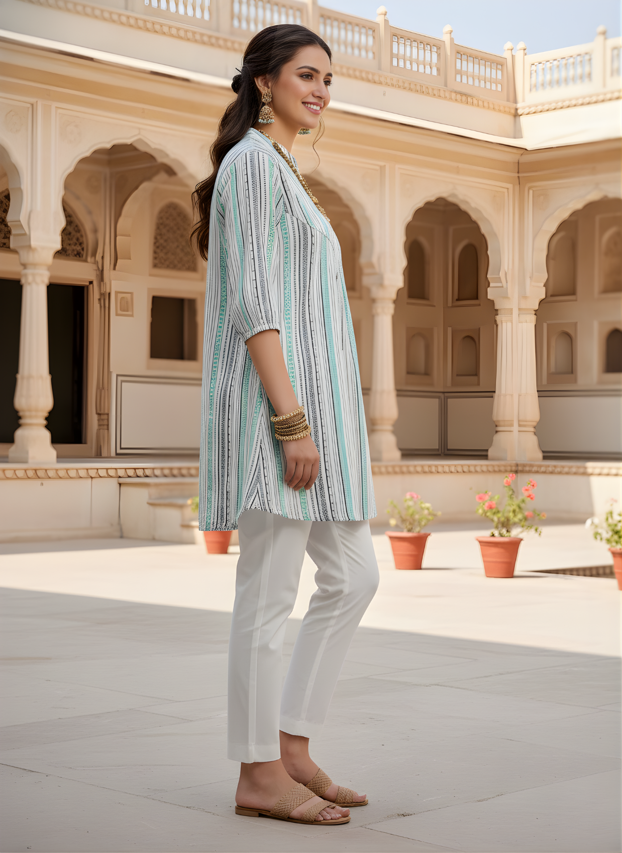 Aaronee Women’s Striped Cotton Kurti Mint White