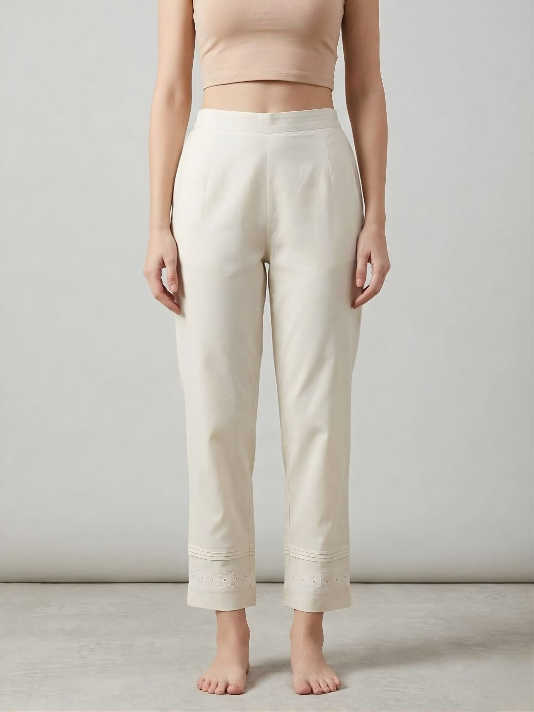 Cotton Beige Lace Detail Straight Pants for Women - AARONEE