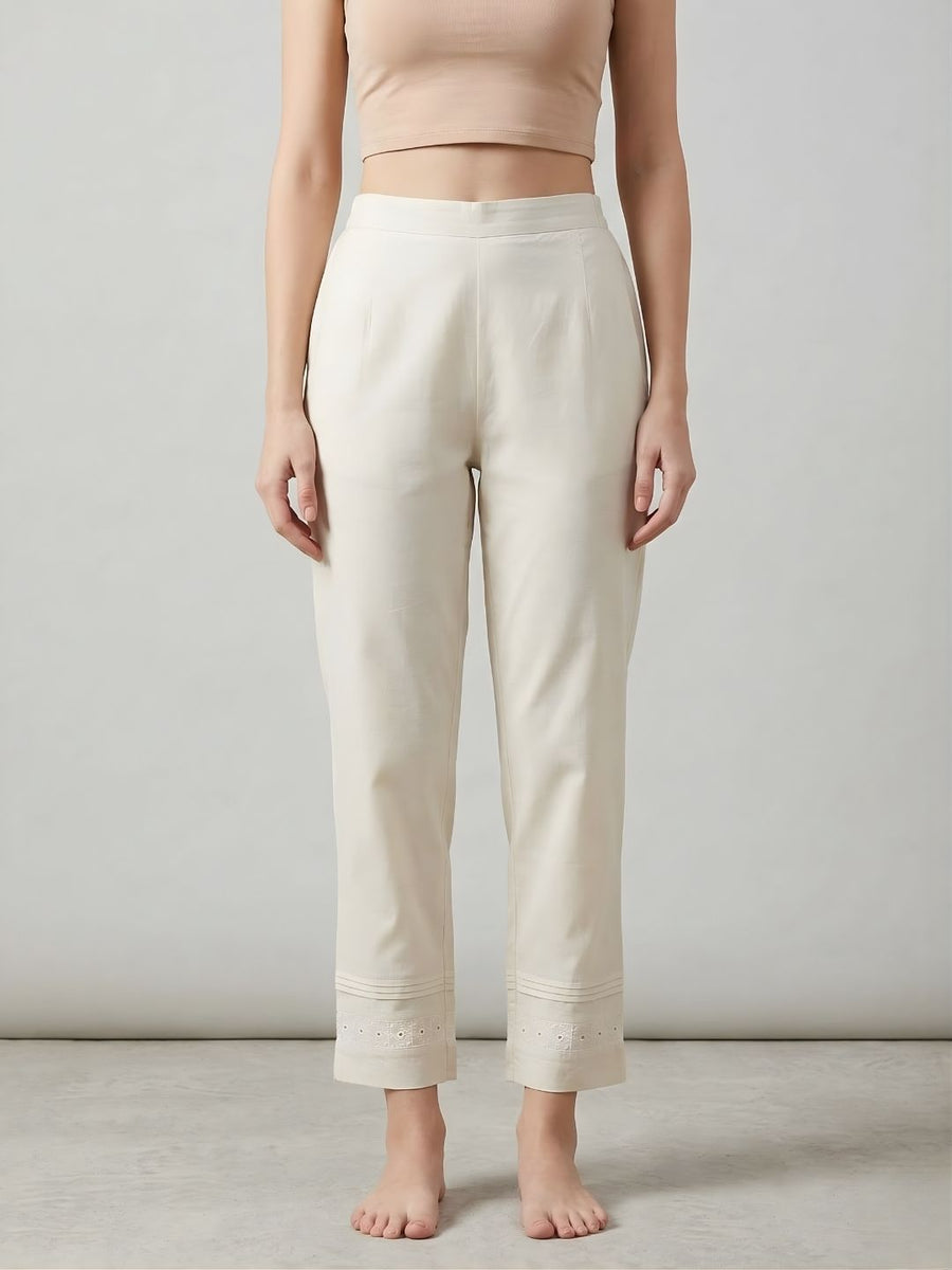 Cotton Beige Lace Detail Straight Pants for Women - AARONEE