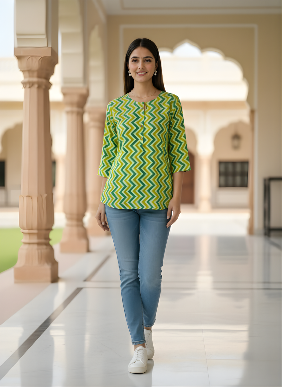 Aaronee Pure Cotton Zigzag Printed Casual Top for Women – Green & Yellow