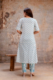 White & Blue Printed Kurta Pant Set – Aaronee Ethnic Wear