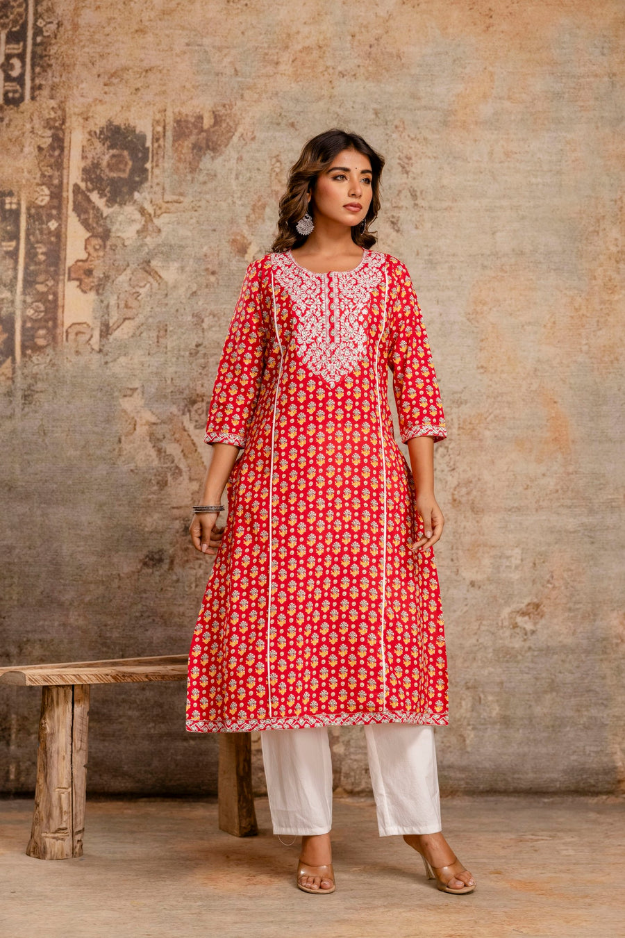Elegant Pure Cotton Dupatta Set with Embroidered Yoke & Dupatta - Red | Aaronee