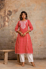 Elegant Pure Cotton Dupatta Set with Embroidered Yoke & Dupatta - Red | Aaronee