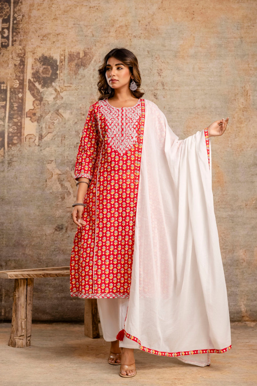 Elegant Pure Cotton Dupatta Set with Embroidered Yoke & Dupatta - Red | Aaronee