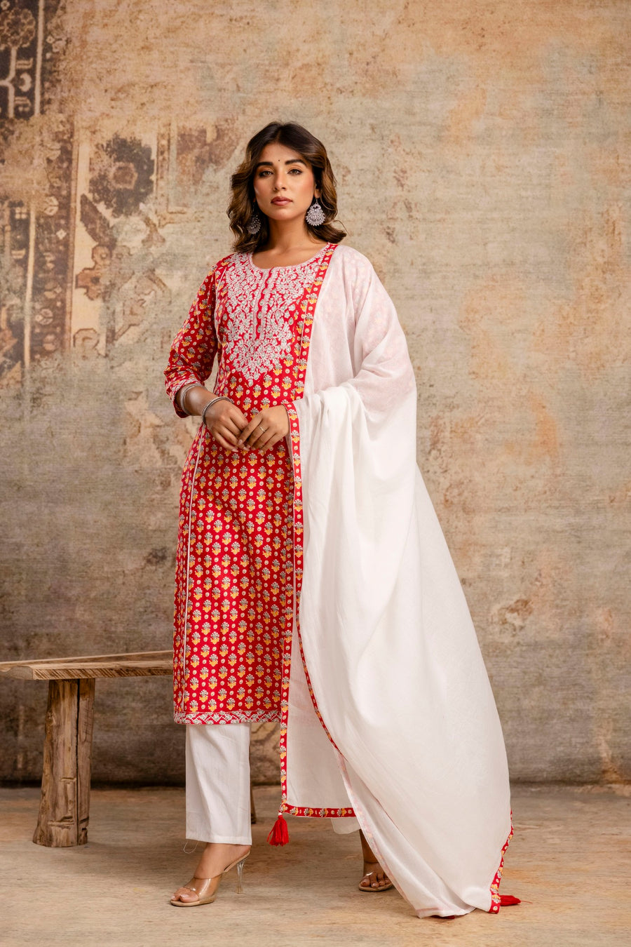 Elegant Pure Cotton Dupatta Set with Embroidered Yoke & Dupatta - Red | Aaronee